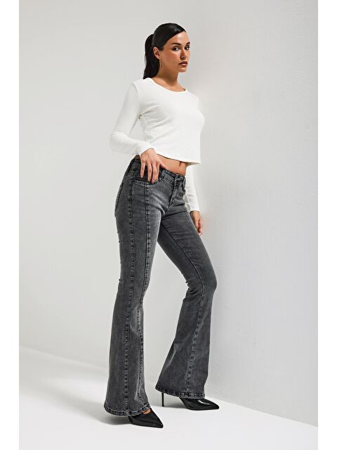 It's Basic Kadın Antrasit 4s6-14 Mid Rise Flare Fit Kemer Detaylı Esnek Kumaş Denim Jean - S000526365-29666