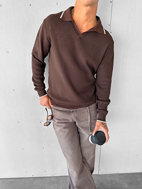 Abluka Online Erkek Polo Yaka İnce Fitilli Kazak Kahve - S000295107-19413