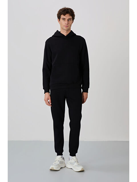 Air Jones David Siyah Kapüşonlu Rahat Kalıp Şardonlu Jogger Erkek Eşofman Takım - 85192 - S000080404-19351