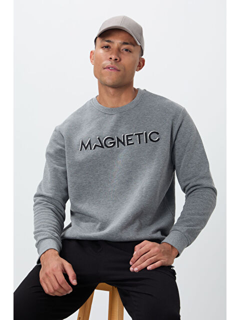 Tommylife Gri Melanj Yazı Nakışlı Bisiklet Yaka Rahat Form Erkek Sweatshirt - 88020 - S000032322-20600