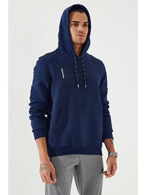 Tommylife İndigo Nakışlı Kanguru Cep Standart Kalıp Kapüşonlu  Erkek Hoodie - 87839 - S000084527-23093