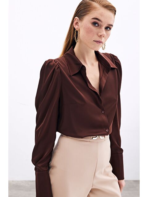 SATEEN Vatkalı Saten Gömlek - Kahve - S000323497-19413