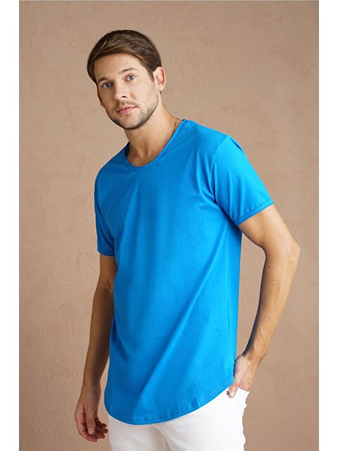 Tarz Cool Erkek Saks Oval Etek Bisiklet Yaka  100 Pamuk Kısa Kollu %100 Pamuk Tişört - S000336113-23710