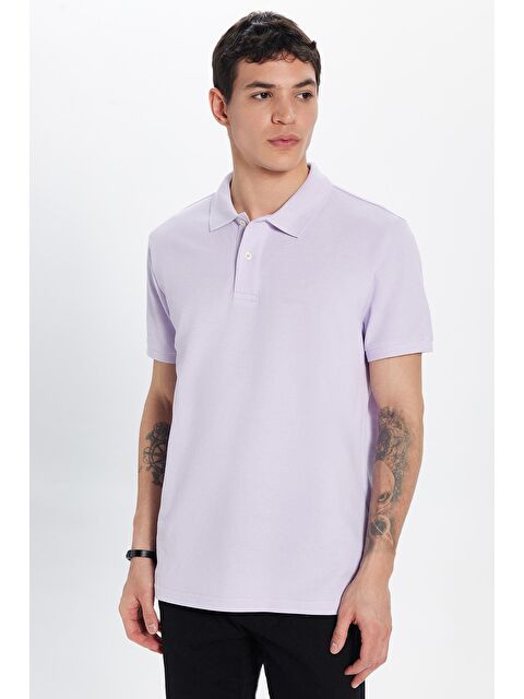 TUDORS Erkek Slim Fit Dar Kesim %100 Pamuk Lila Polo Yaka Tişört