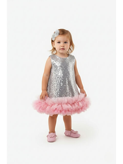 Le Mabelle Gümüş Fırfır Detaylı Pullu Kız Bebek Elbise - Evie