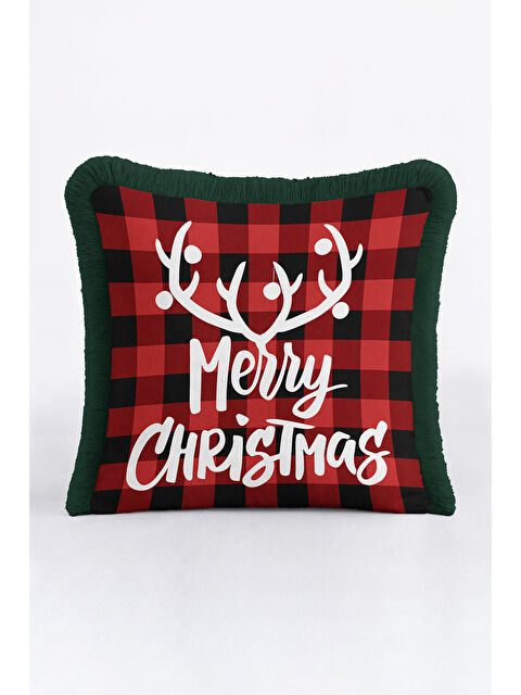 Milbay Grup Kareli Noel Temalı Saçaklı Yastık Kılıfı - Kırmızı Siyah Rustik Yeşil Püsküllü Kırlent Kılıfı