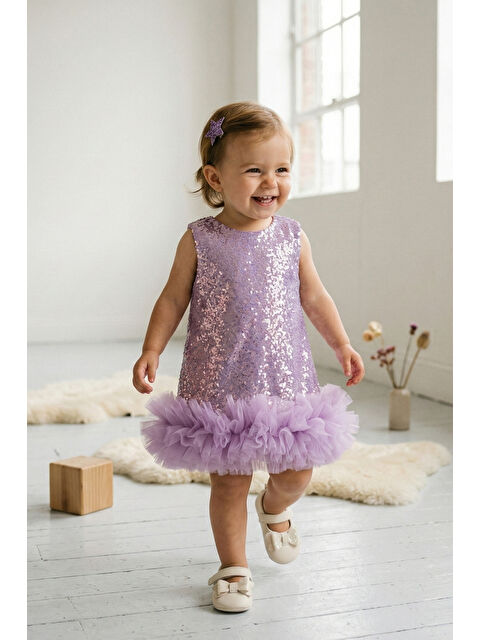 Le Mabelle Lila Fırfır Detaylı Pullu Kız Bebek Elbise - Evie