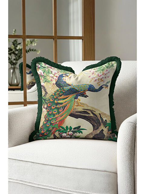 Milbay Grup Zarif Kuş Motifli Saçaklı Yastık Kılıfı - Doğa Temalı Yeşil Altın Renkli Püsküllü Kırlent Kılıfı