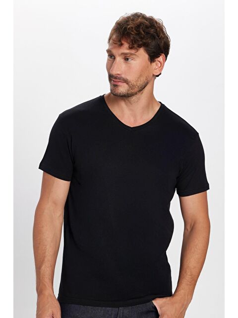 TUDORS Erkek Slim Fit Dar Kesim %100 Pamuk Yumuşak Dokulu Siyah V Yaka Tişört - S000314883-19351