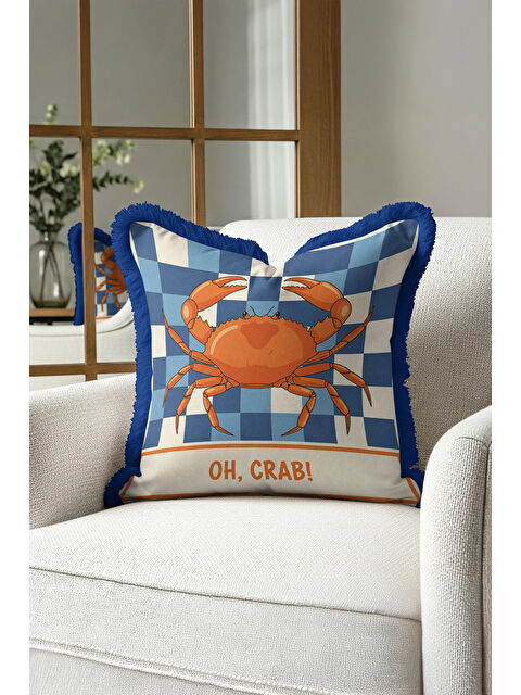 Milbay Grup Lüks Deniz Temalı Saçaklı Yastık Kılıfı - Marin Çizgili Modern Mavi Turuncu Püsküllü Kırlent Kılıfı