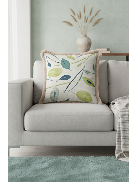 Milbay Grup Doğal Yaprak Motifli Saçaklı Yastık Kılıfı - Bohem Pastel Yeşil Naturel Püsküllü Kırlent Kılıfı