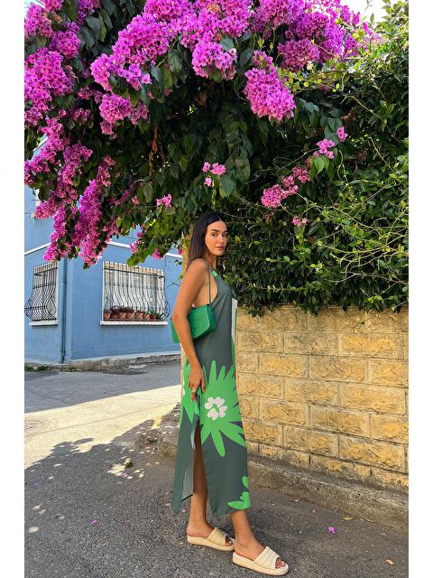 For You Moda Askılı V Yaka Yırtmaçlı Çicek Desenli Yeşil Elbise - S000033560-18194