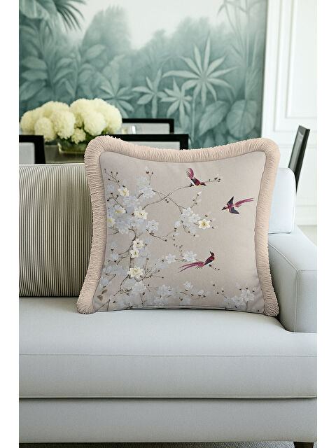Milbay Grup Çiçekli Kuş Motifli Saçaklı Yastık Kılıfı - Doğal Zarif Bahar Tema Krem Bej Püsküllü Kırlent Kılıfı