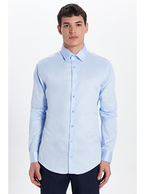 TUDORS Slım Fıt %100 Pamuk Saten Premium Erkek Mavi Gömlek - S000063581-17234