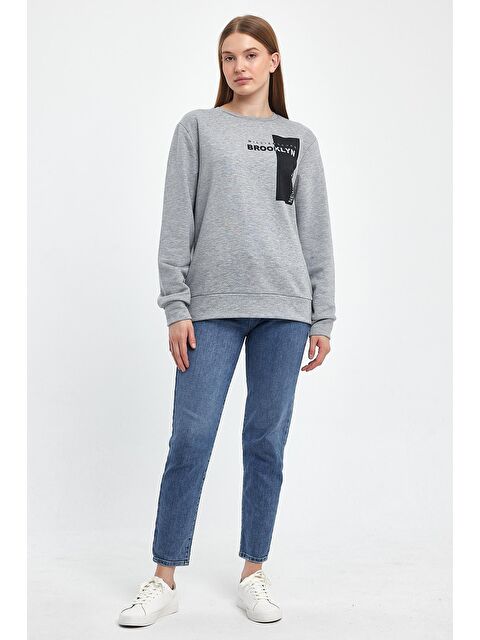 Süperlife Kadın Bisiklet Yaka Rahat Kalıp 3 iplik Kalın W.Brooklyn Baskılı Sweatshirt SPR24SWK31 - S000086866-17308