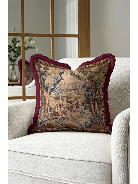 Milbay Grup Barok Klasik Saçaklı Yastık Kılıfı - Pastoral Nostaljik Bordo Altın Püsküllü Kırlent Kılıfı