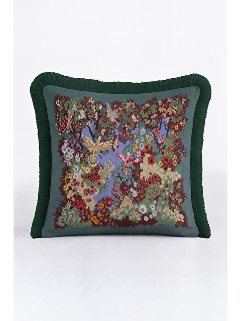 Milbay Grup Lüks Çiçekli Kuşlu Saçaklı Yastık Kılıfı - Botanik Vintage Etnik Yeşil Püsküllü Kırlent Kılıfı