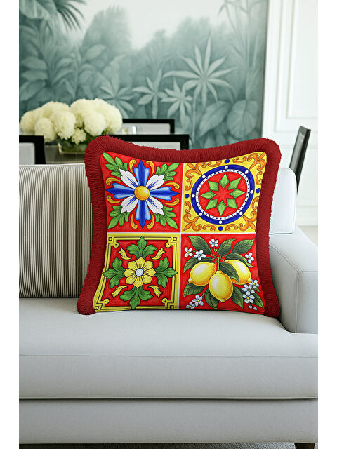 Milbay Grup Sicilya Dokulu Renkli Saçaklı Yastık Kılıfı - Akdeniz Enerjisi Bohem Kırmızı Püsküllü Kırlent Kılıfı