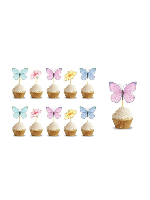 Le Mabelle Çok Renkli Çiçek ve Kelebek Figürlü 10'lu Kürdan Pasta Süsü Set - S000417064-23173