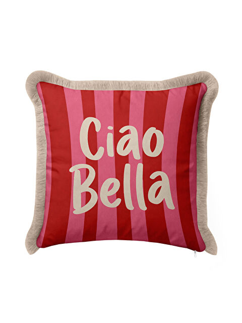 Milbay Grup Çizgili Ciao Bella Saçaklı Yastık Kılıfı - Retro Ruhlu Kırmızı Pembe Krem Püsküllü Kırlent Kılıfı