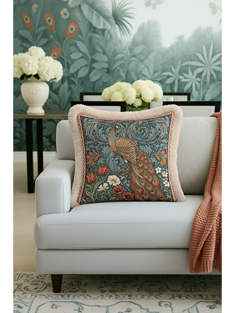 Milbay Grup Lüks Tavuskuşu Saçaklı Yastık Kılıfı - Viktoryen Etnik Yeşil Altın Renkli Püsküllü Kırlent Kılıfı