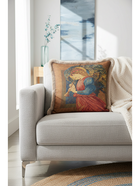 Milbay Grup Rönesans Melek Sanatı Saçaklı Yastık Kılıfı - Klasik Altın Renkli Vintage Püsküllü Kırlent Kılıfı