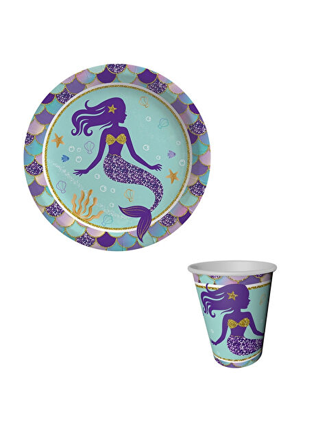 Le Mabelle Lila Deniz Kızı Baskılı 8'li Tabak Bardak Set - S000412798-17878