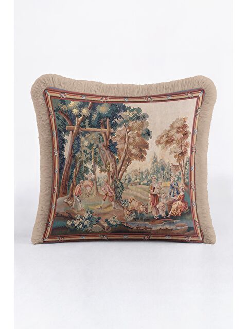 Milbay Grup Avangart Fransız Saçaklı Yastık Kılıfı - Vintage Klasik Rustik Bej Püsküllü Kırlent Kılıfı