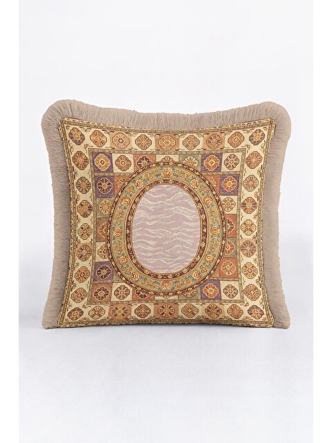 Milbay Grup Lüks Saray Stil Saçaklı Yastık Kılıfı - Vintage Etnik Motif Bej Altın Renkli Püsküllü Kırlent Kılıfı