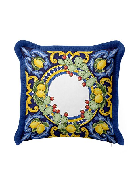 Milbay Grup Akdeniz Limon Motifli Saçaklı Yastık Kılıfı - Sicilya Vintage Mavi Sarı Püsküllü Kırlent Kılıfı