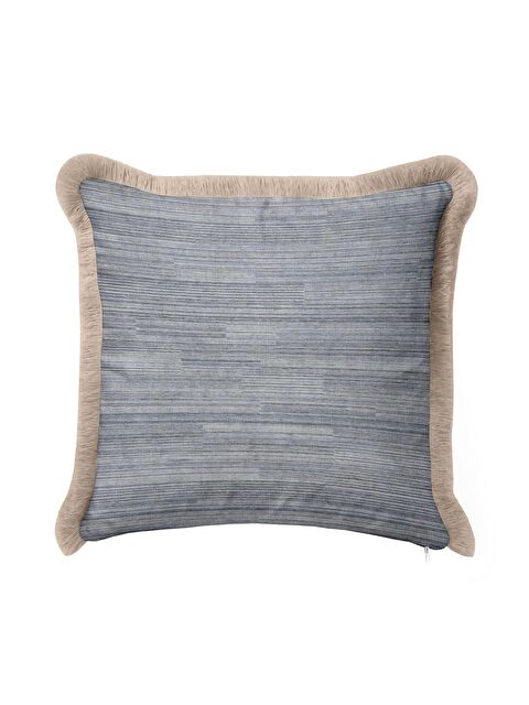 Milbay Grup Lüks Modern Saçaklı Yastık Kılıfı - Doğal Kumaş Dokulu Mavi Rustik Bej Püsküllü Kırlent Kılıfı