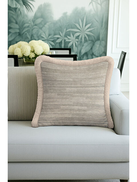 Milbay Grup Lüks Dokulu Saçaklı Yastık Kılıfı - Doğal Bohem Bej Minimal Püsküllü Kırlent Kılıfı