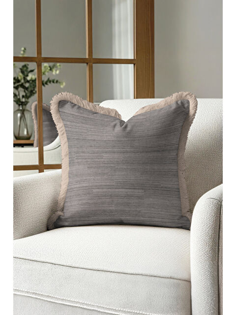 Milbay Grup Zarif Dokulu Saçaklı Yastık Kılıfı - Minimalist Modern Gri Bej Püsküllü Kırlent Kılıfı