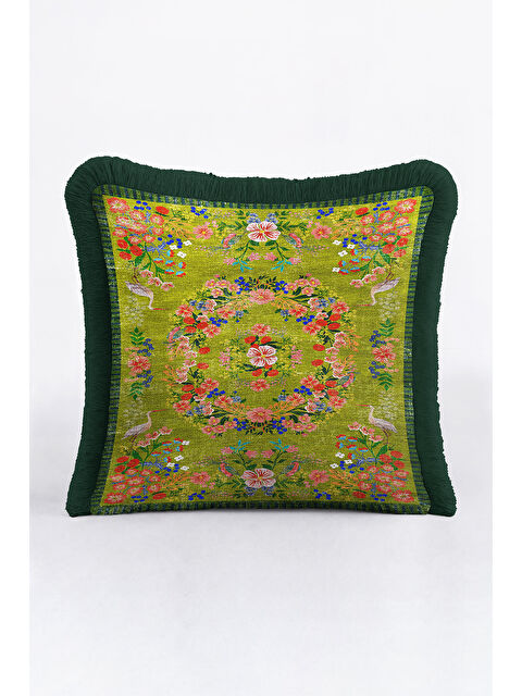Milbay Grup Zarif Çiçekli Kuşlu Saçaklı Yastık Kılıfı - Vintage Yeşil Etnik Koyu Yeşil Püsküllü Kırlent Kılıfı