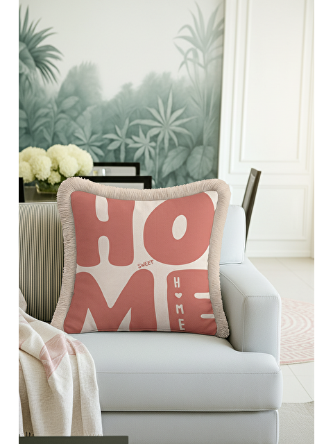 Milbay Grup Retro Home Sweet Saçaklı Yastık Kılıfı - Neşeli Bohem Pembe Bej Püsküllü Kırlent Kılıfı