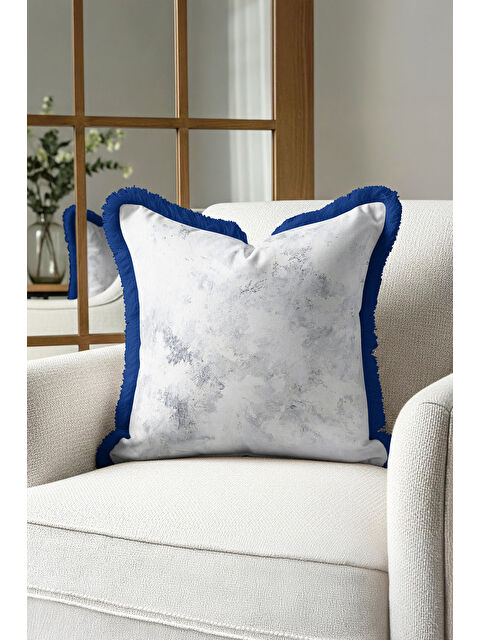 Milbay Grup Lüks Mermer Efektli Saçaklı Yastık Kılıfı - Zarif Modern Mavi Gri Püsküllü Kırlent Kılıfı
