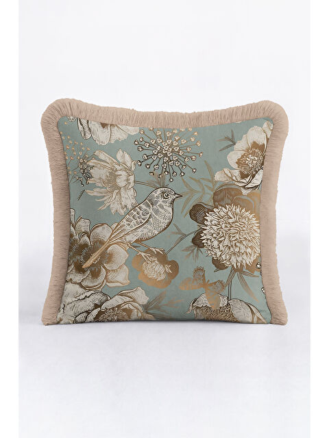 Milbay Grup Vintage Kuşlu Altın Renkli Saçaklı Yastık Kılıfı - Botanik Rustik Mavi Krem Püsküllü Kırlent Kılıfı