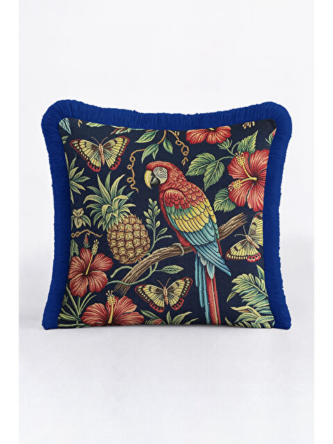 Milbay Grup Tropikal Çiçekli Saçaklı Yastık Kılıfı - Egzotik Botanik Bohem Lacivert Püsküllü Kırlent Kılıfı