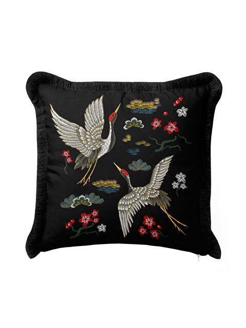 Milbay Grup Zarif Turna Kuşları Saçaklı Yastık Kılıfı - Uzak Doğu Esintili Bohem Siyah Püsküllü Kırlent Kılıfı