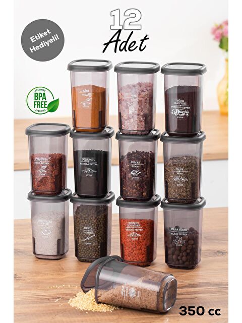 Porsima 1107 12'li Sızdırmaz Düz Kapaklı Etiketli Baharatlık Seti - Yiyecek Erzak Saklama Kabı - S000233633-26865
