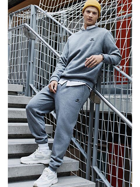 Tommylife Gri Melanj Pamuklu Kalın İçi Tüylü Yumuşak Dokulu Comfort Fit Nakışlı Erkek Eşofman Takım -85265 - S000330152-74