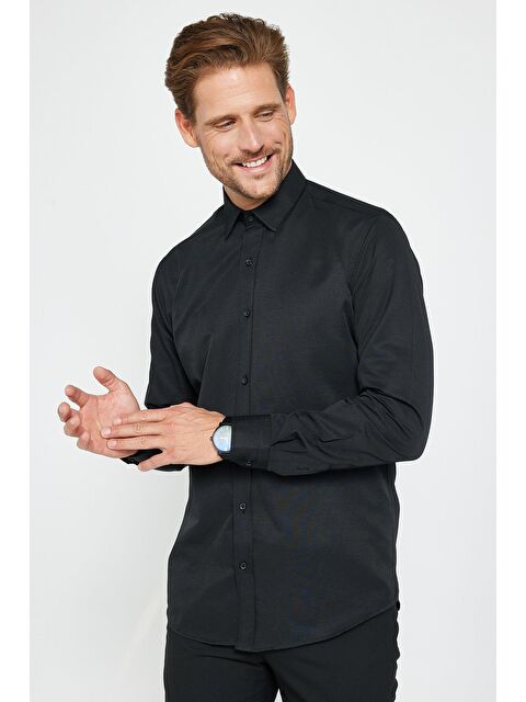 TUDORS Modern Slim Fit Uzun Kollu Pamuklu Kolay Ütü Armürlü Erkek Siyah Gömlek - S000028362-19351