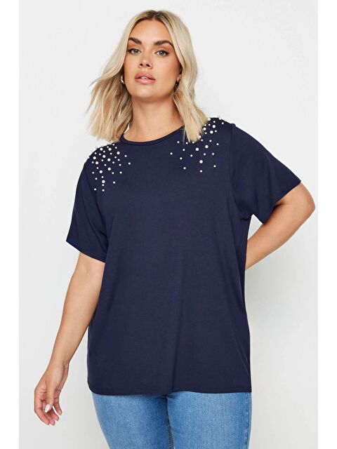 Stil Diva Büyük Beden Bisiklet Yaka Kısa Kollu İnci İşlemeli Tişört 321885 - S000250646-21164