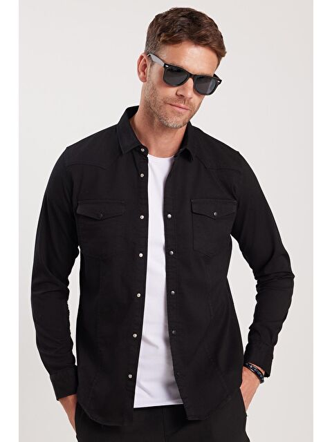 TUDORS Slim Fit Uzun Kollu Gündelik Denim Jean Erkek Siyah Gömlek - S000072373-19351