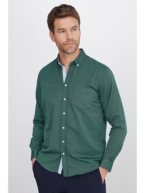 TUDORS Klasik Fit Uzun Kollu Düğmeli Yaka Pamuklu Kolay Ütü Oxford Düz Erkek Gömlek - S000072422-18547