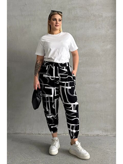 Stil Diva Büyük Beden Beli ve Paçası Lastikli Desenli Cepli Pantolon 98-4 - S000338102-19351