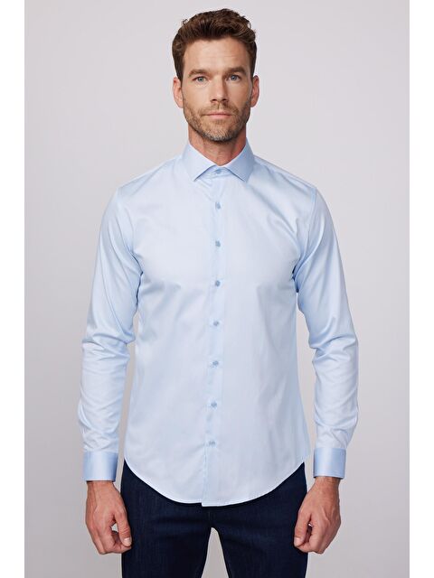 TUDORS Erkek Slim Fit Dar Kesim %100 Pamuk Pamuk Saten Premium Seri Mavi Gömlek - S000025952-17234