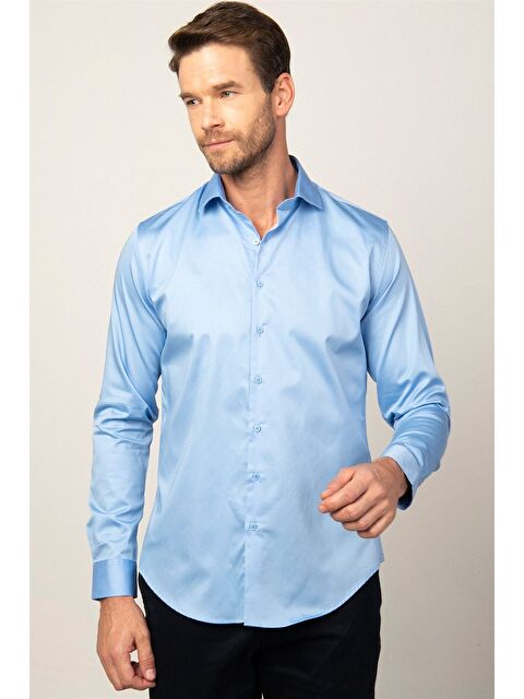 TUDORS Erkek Slim Fit Dar Kesim %100 Pamuk Pamuk Saten Premium Seri Mavi Gömlek - S000025949-17234