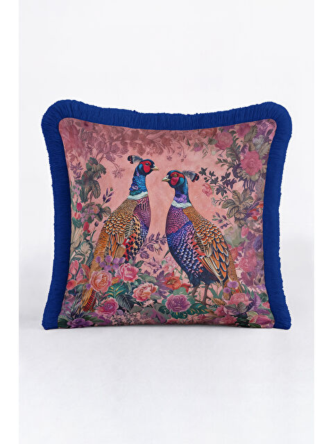Milbay Grup Lüks Vintage Kuşlu Saçaklı Yastık Kılıfı – Çiçek Bahçesi Bohem Lacivert Püsküllü Kırlent Kılıfı