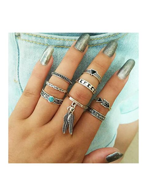 Pelin Aksesuar Etnik Tüy Figürlü 8 Adet Yüzük Seti - S000052368-23173